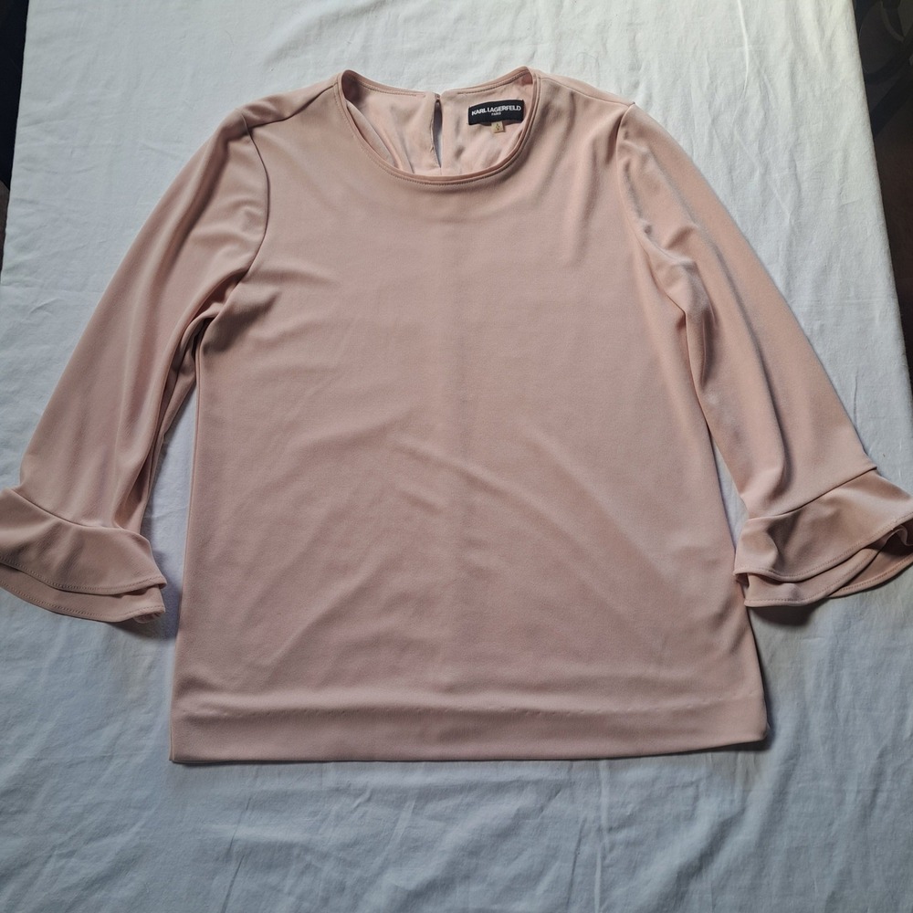 Karl Lagerfeld Paris Blush Pink Ruffle Sleeve Blouse L7WH7875 Women Small